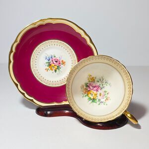 Staffordshire Teacup and Saucer Pink Yellow Flowers Vintage